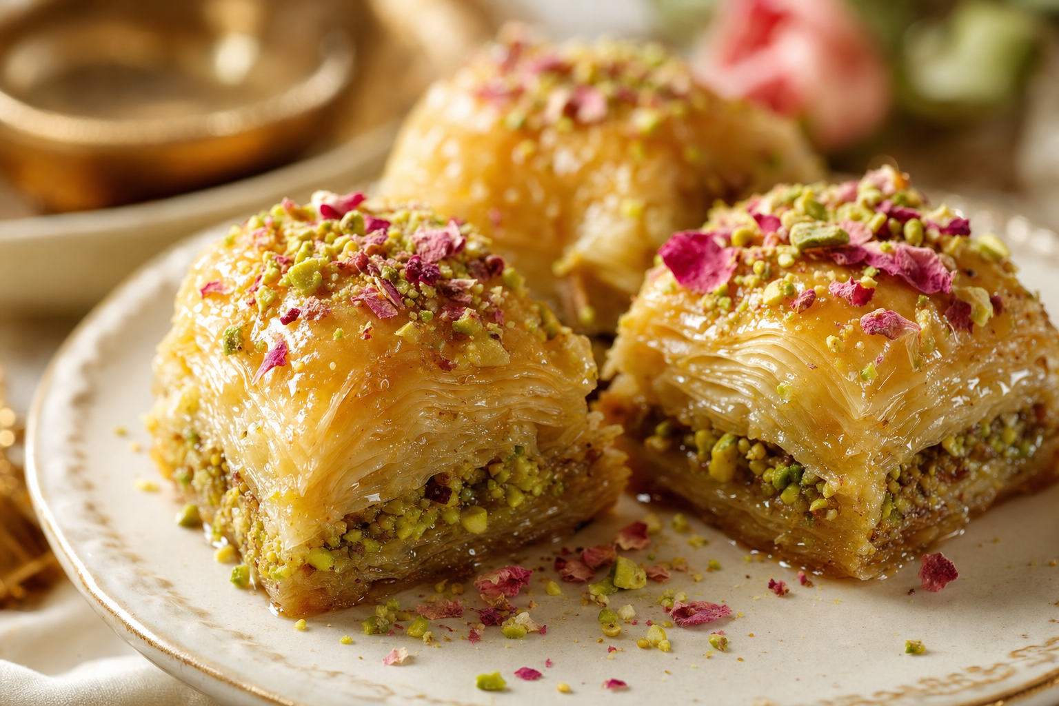 Rose and pistachio baklava, glistening with honey and dusted with dried rose petals.
