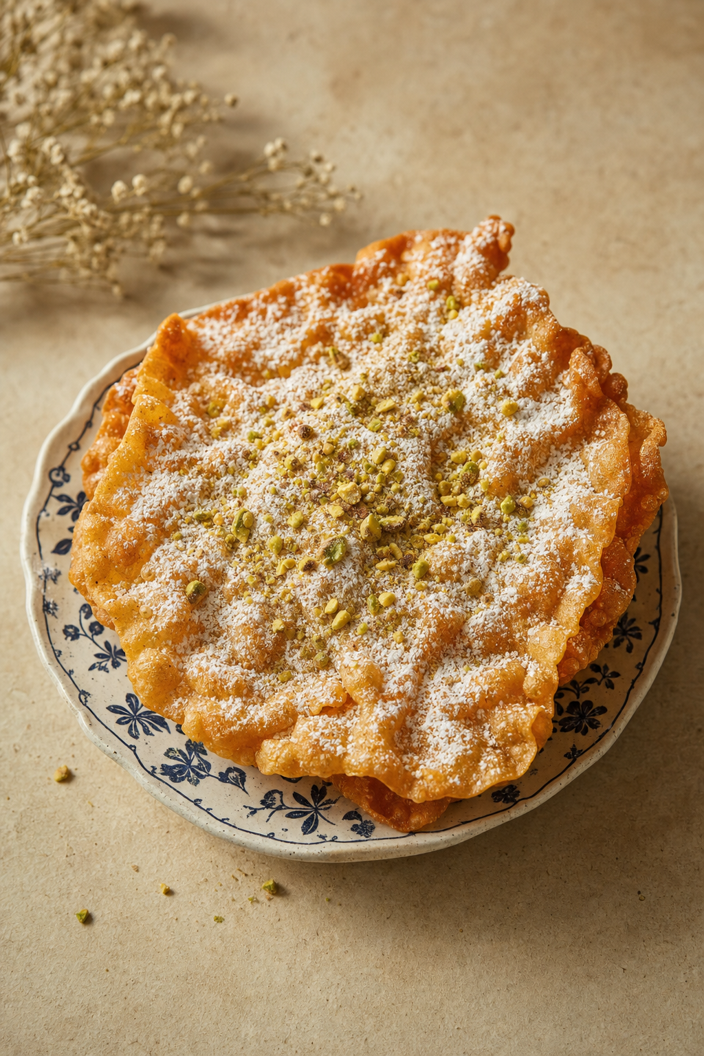 Gosh-e-fil, thin fried Afghan elephant-ear pastry dusted with powdered sugar, pistachio and cardamom on a hand-painted blue and white dish.