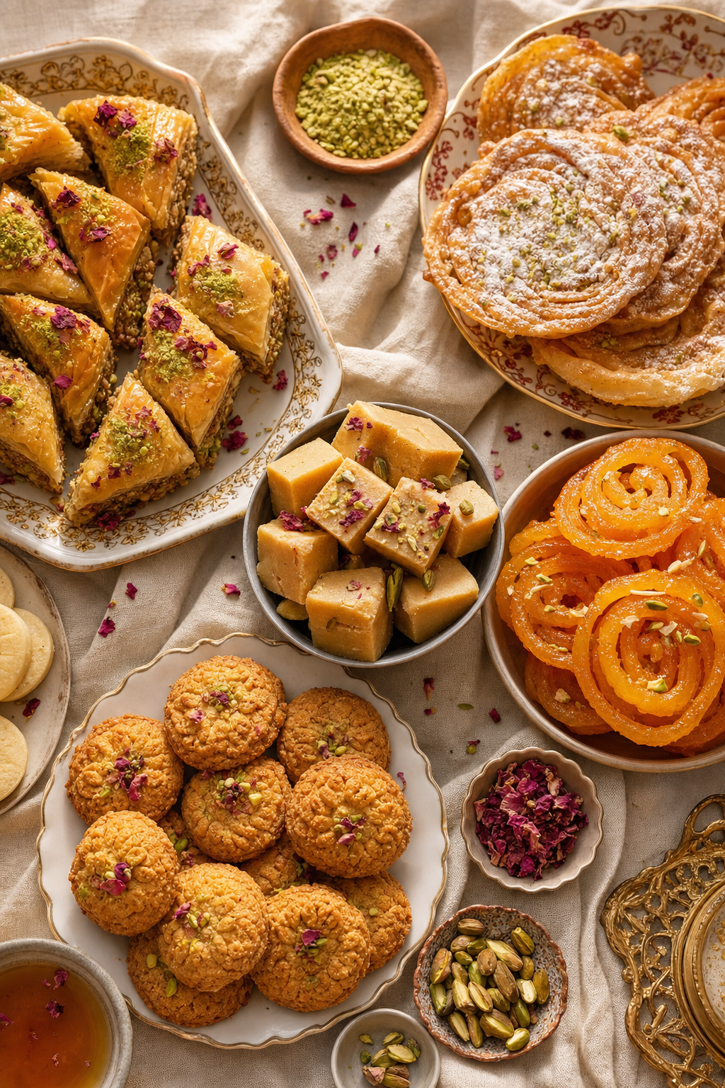 An overhead spread of traditional Afghan sweets — baklava, jalebi, sheer pira and cookies — arranged on cream linen with bowls of pistachio and rose petals.