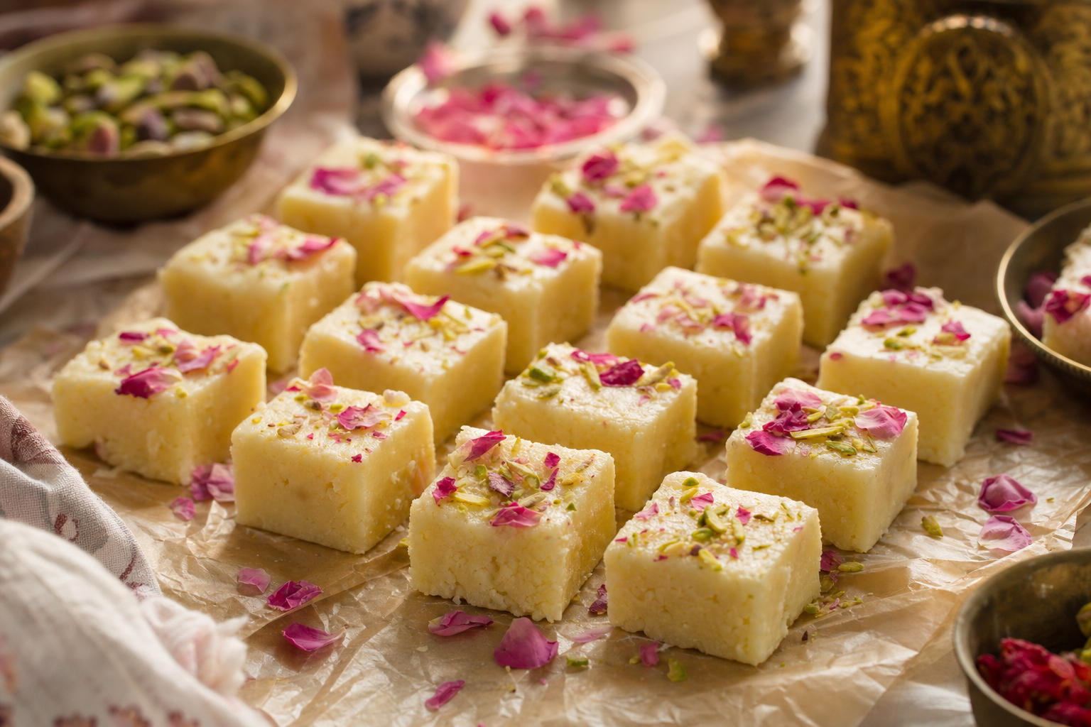 Sheer pira, pale cream Afghan milk fudge cubes topped with slivered pistachios and rose petals on parchment.