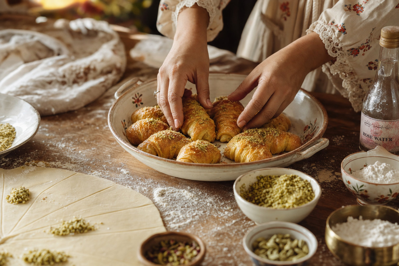 Warm home kitchen scene — hands placing golden pastries into a hand-painted ceramic dish, with bowls of pistachio, cardamom and rosewater nearby.